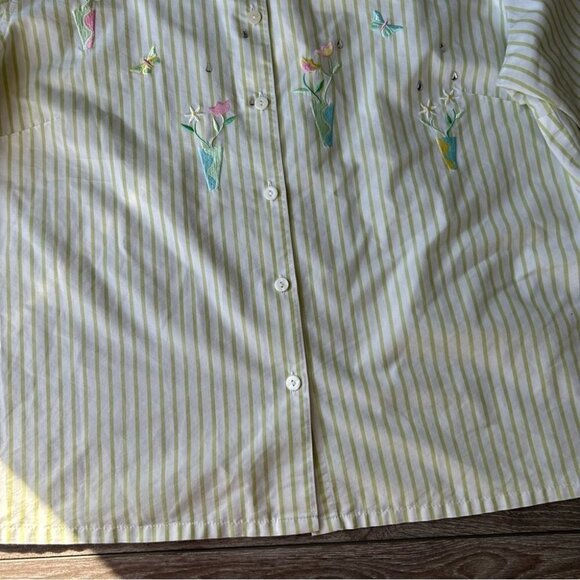 Vintage Tabi Pinstriped Cottagecore Floral Embroidered Sequins Button Down Shirt - Picture 6 of 13